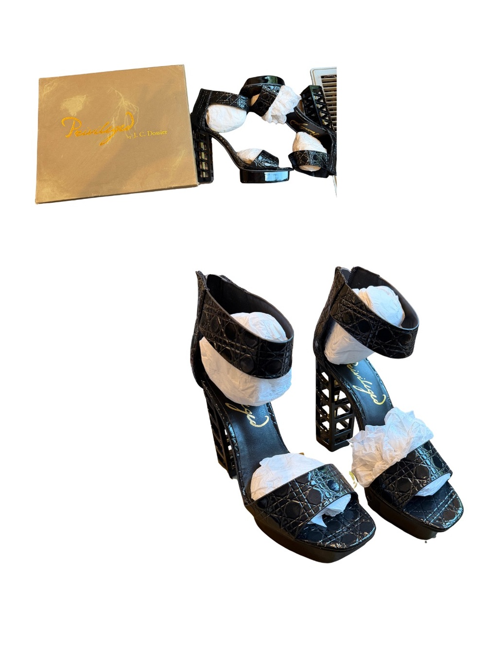 Privileged “Rea Black” Croc-Embossed Platform Sandals with Lattice Block Heel